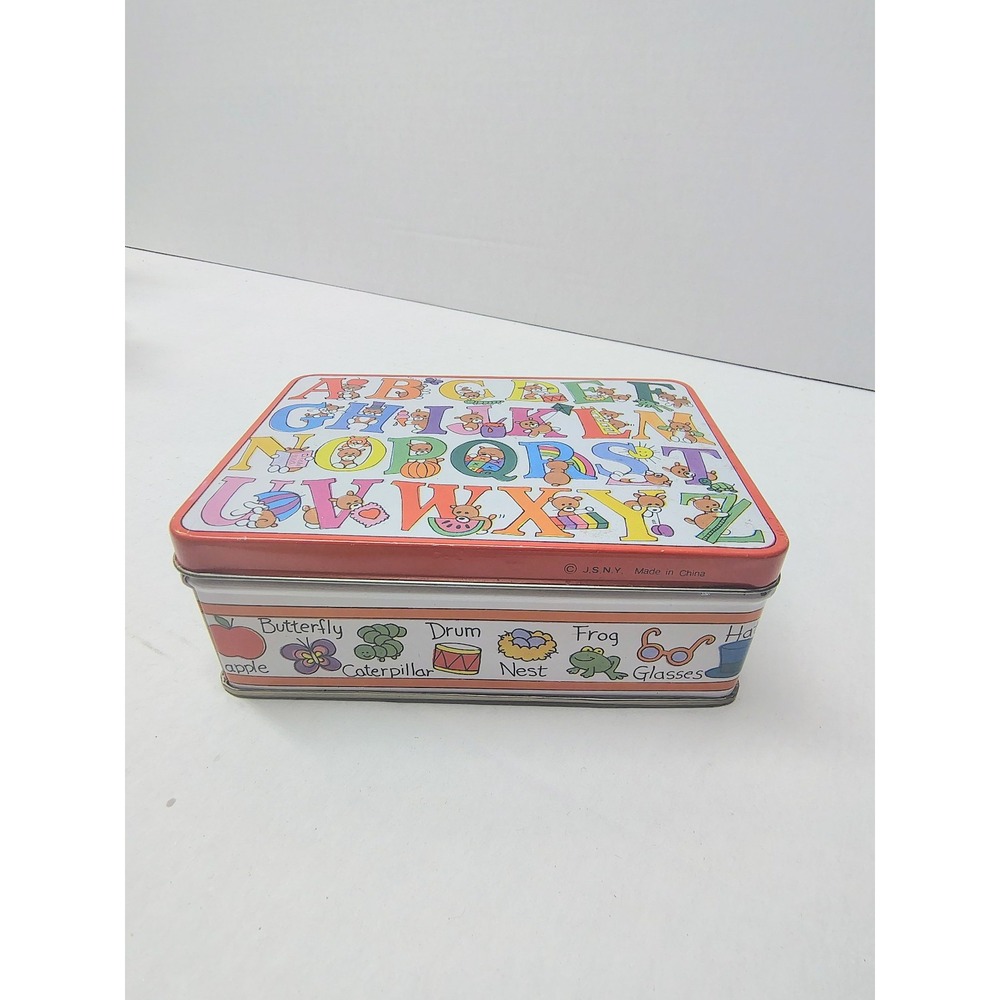 Vintage 80s J.S.N.Y. ABC Alphabet Tin Box with Magnets Teddy Bear Retro Storage